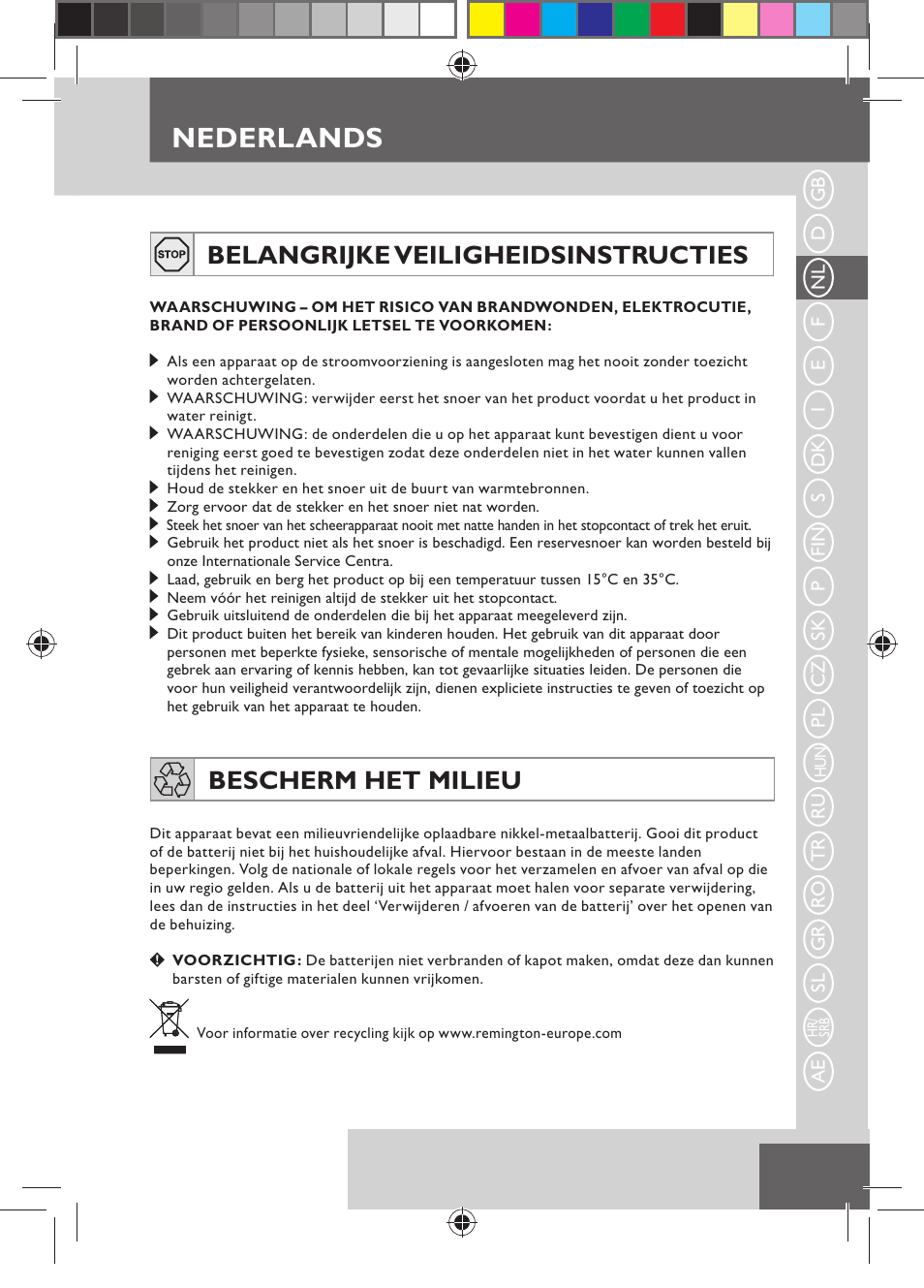 Nederlands, Belangrijke veiligheidsinstructies, Bescherm het milieu | Remington MB4110 User Manual | Page 19 / 129