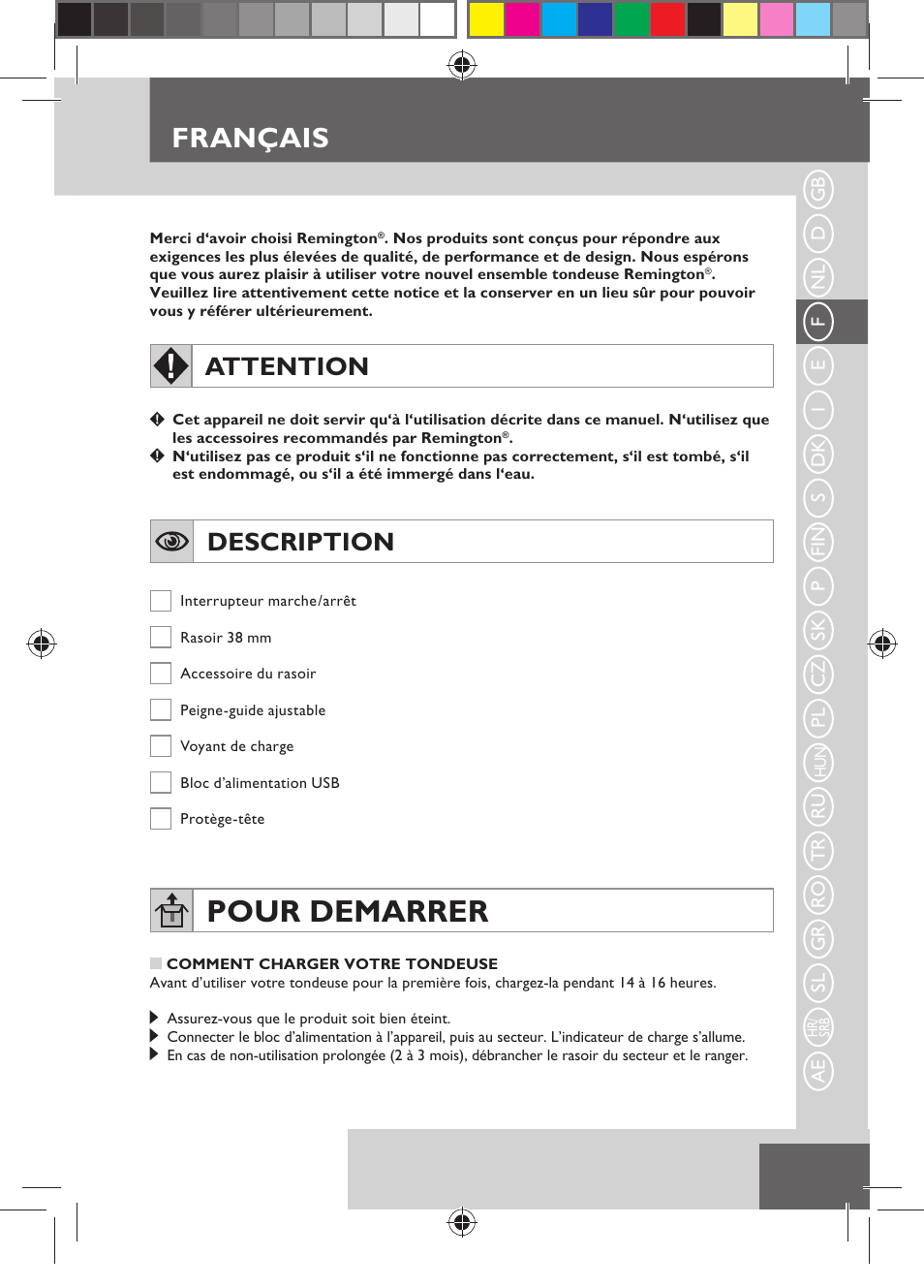 Pour demarrer, Français, Attention | Description | Remington MB4110 User Manual | Page 21 / 129