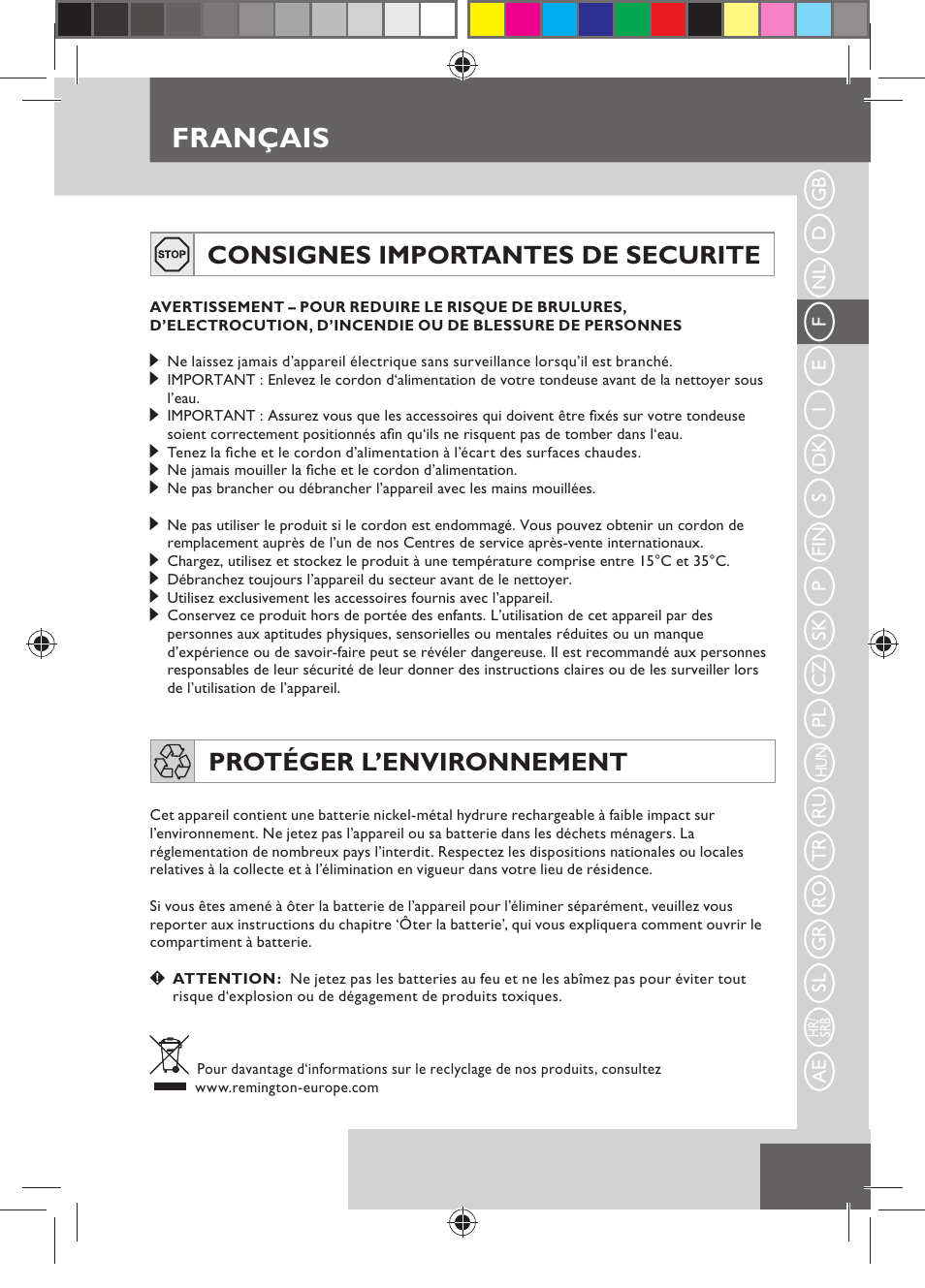 Français, Consignes importantes de securite, Protéger l’environnement | Remington MB4110 User Manual | Page 25 / 129