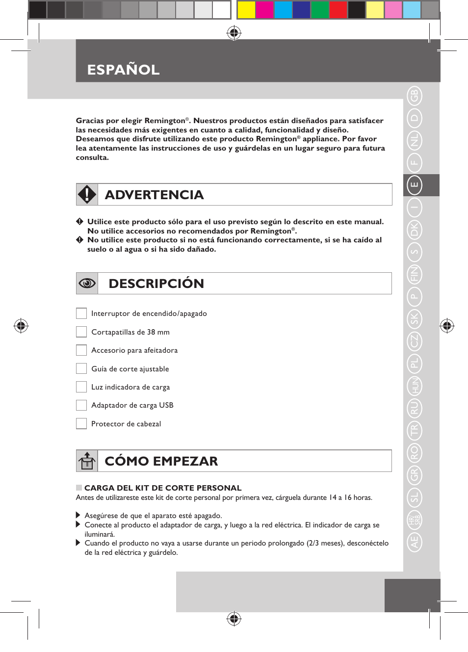 Español, Advertencia, Descripción | Cómo empezar | Remington MB4110 User Manual | Page 27 / 129