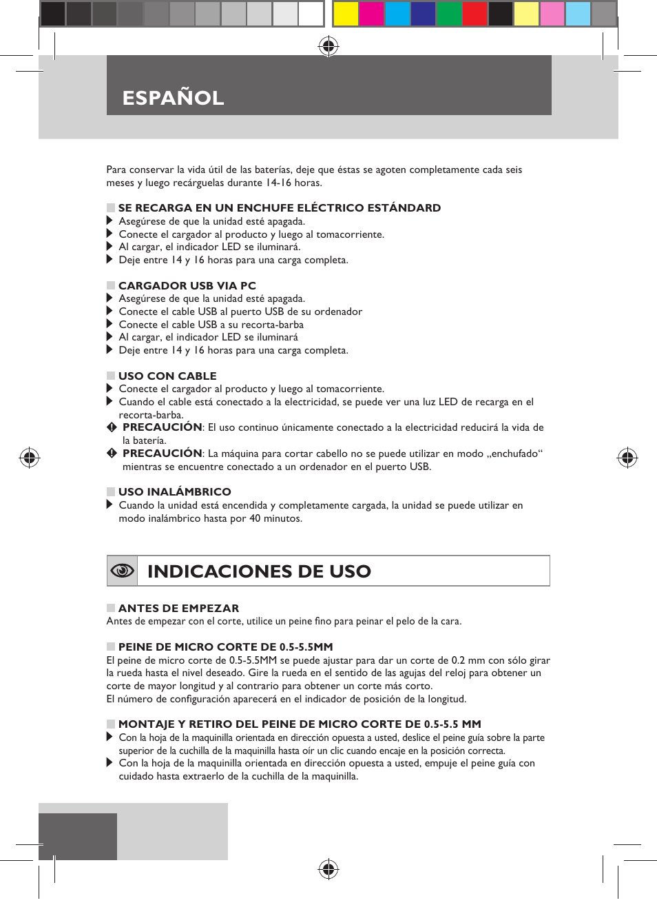 Español, Indicaciones de uso | Remington MB4110 User Manual | Page 28 / 129