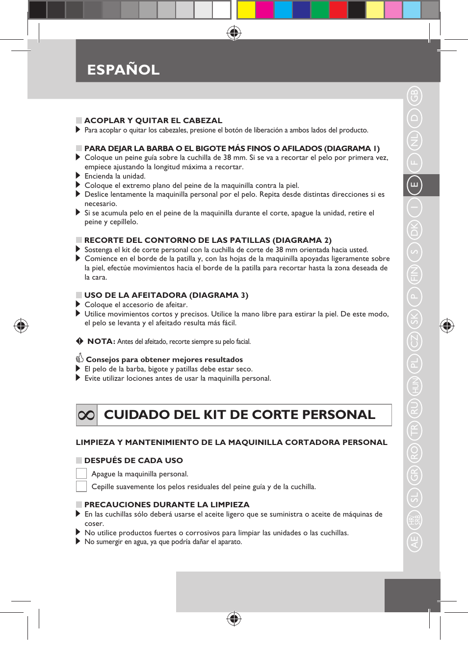 Español, Cuidado del kit de corte personal | Remington MB4110 User Manual | Page 29 / 129