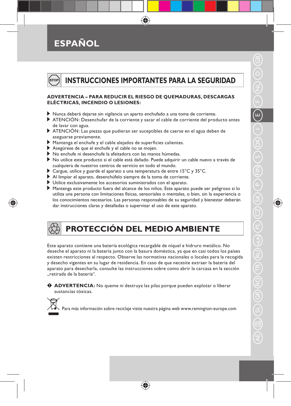 Español, Instrucciones importantes para la seguridad, Protección del medio ambiente | Remington MB4110 User Manual | Page 31 / 129