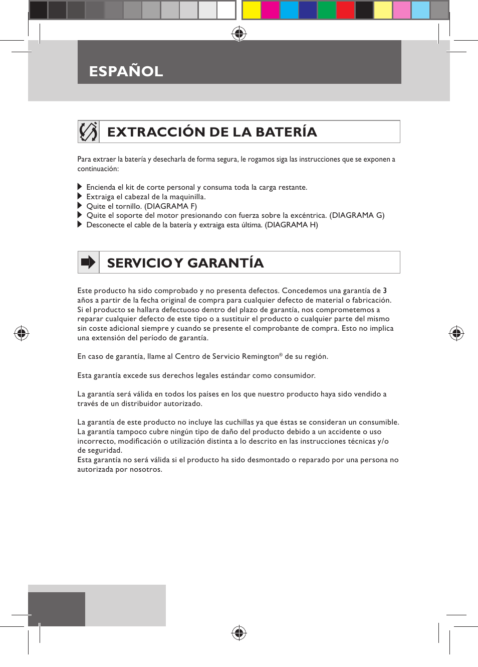 Español, Extracción de la batería, Servicio y garantía | Remington MB4110 User Manual | Page 32 / 129