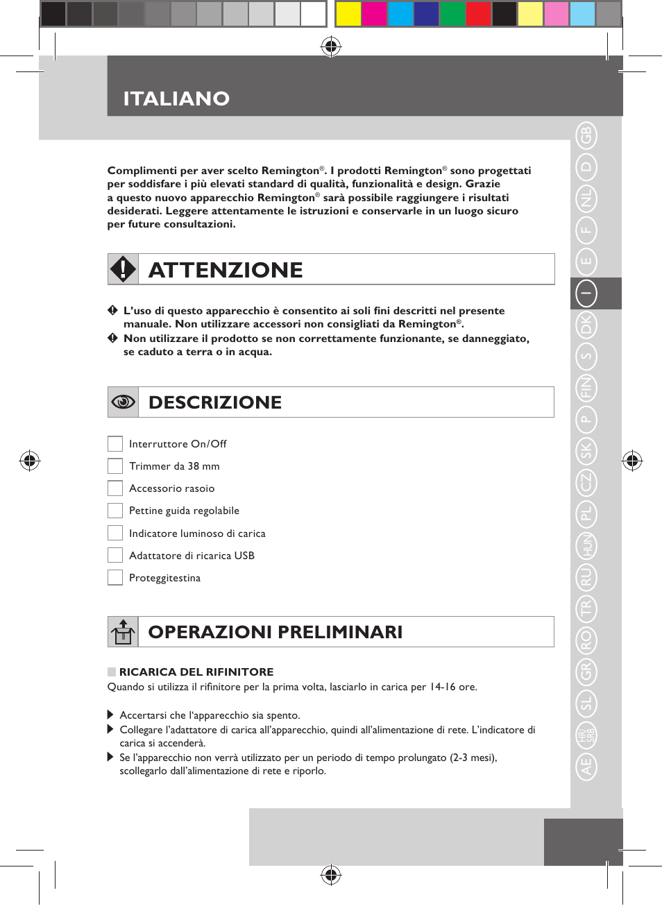 Attenzione, Italiano, Descrizione | Operazioni preliminari | Remington MB4110 User Manual | Page 33 / 129