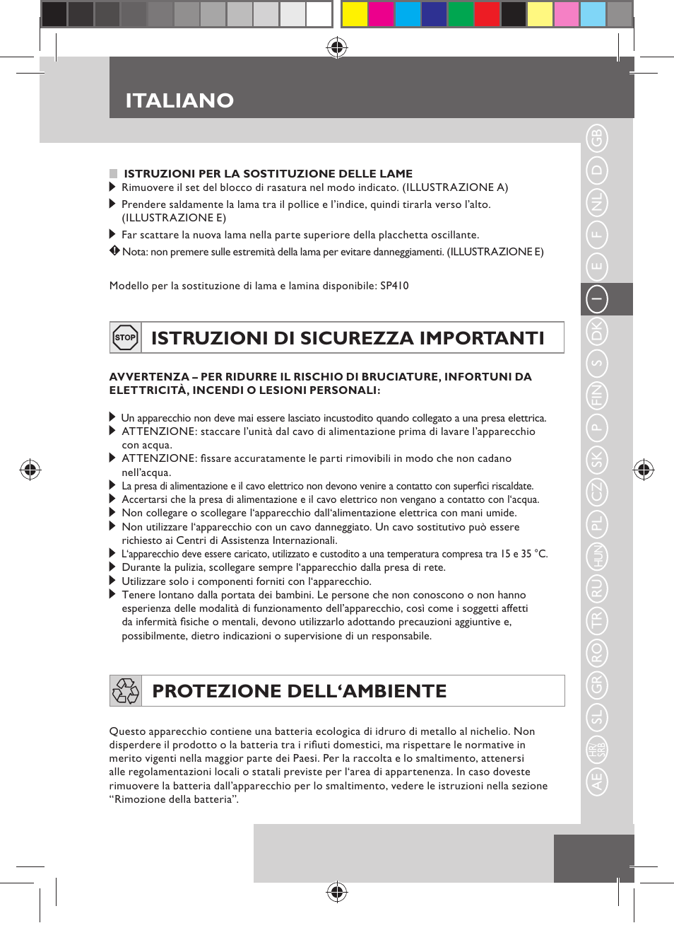 Italiano, Istruzioni di sicurezza importanti, Protezione dell‘ambiente | Remington MB4110 User Manual | Page 37 / 129