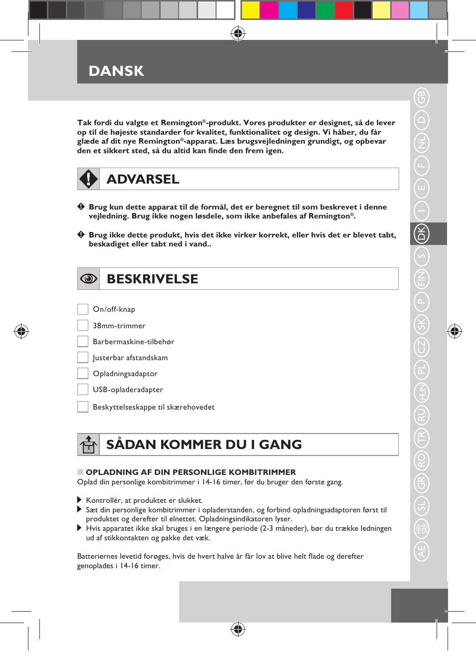 Dansk, Advarsel, Beskrivelse | Sådan kommer du i gang | Remington MB4110 User Manual | Page 39 / 129