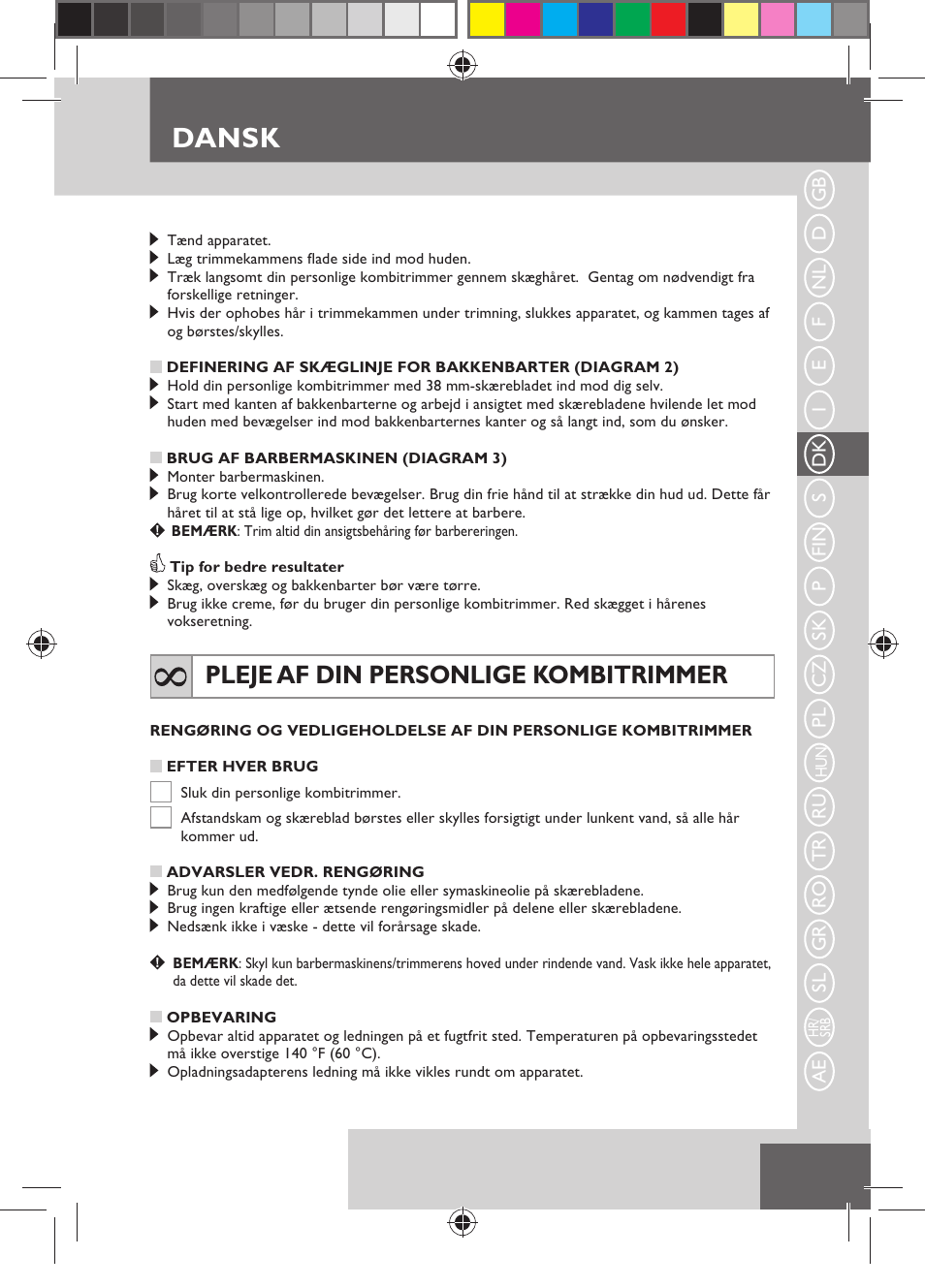 Dansk, Pleje af din personlige kombitrimmer | Remington MB4110 User Manual | Page 41 / 129