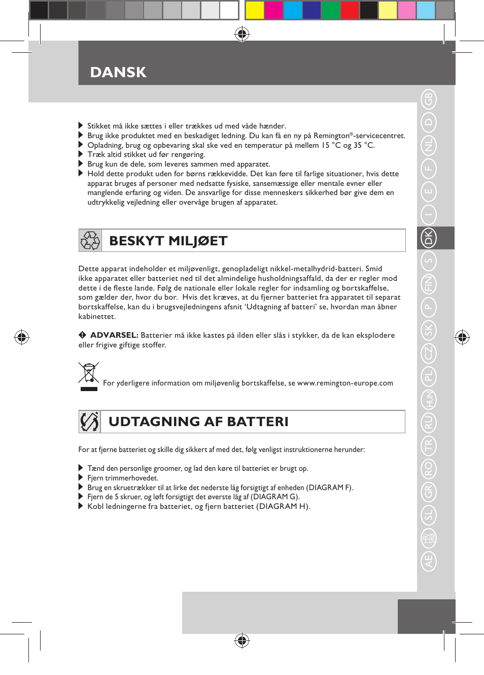 Dansk, Beskyt miljøet, Udtagning af batteri | Remington MB4110 User Manual | Page 43 / 129