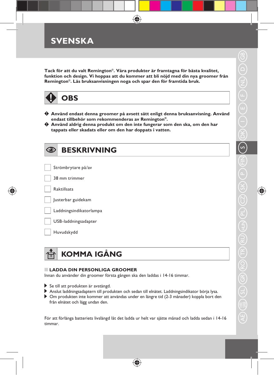 Svenska, Beskrivning, Komma igång | Remington MB4110 User Manual | Page 45 / 129