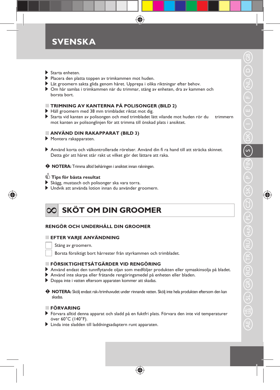 Svenska, Sköt om din groomer | Remington MB4110 User Manual | Page 47 / 129