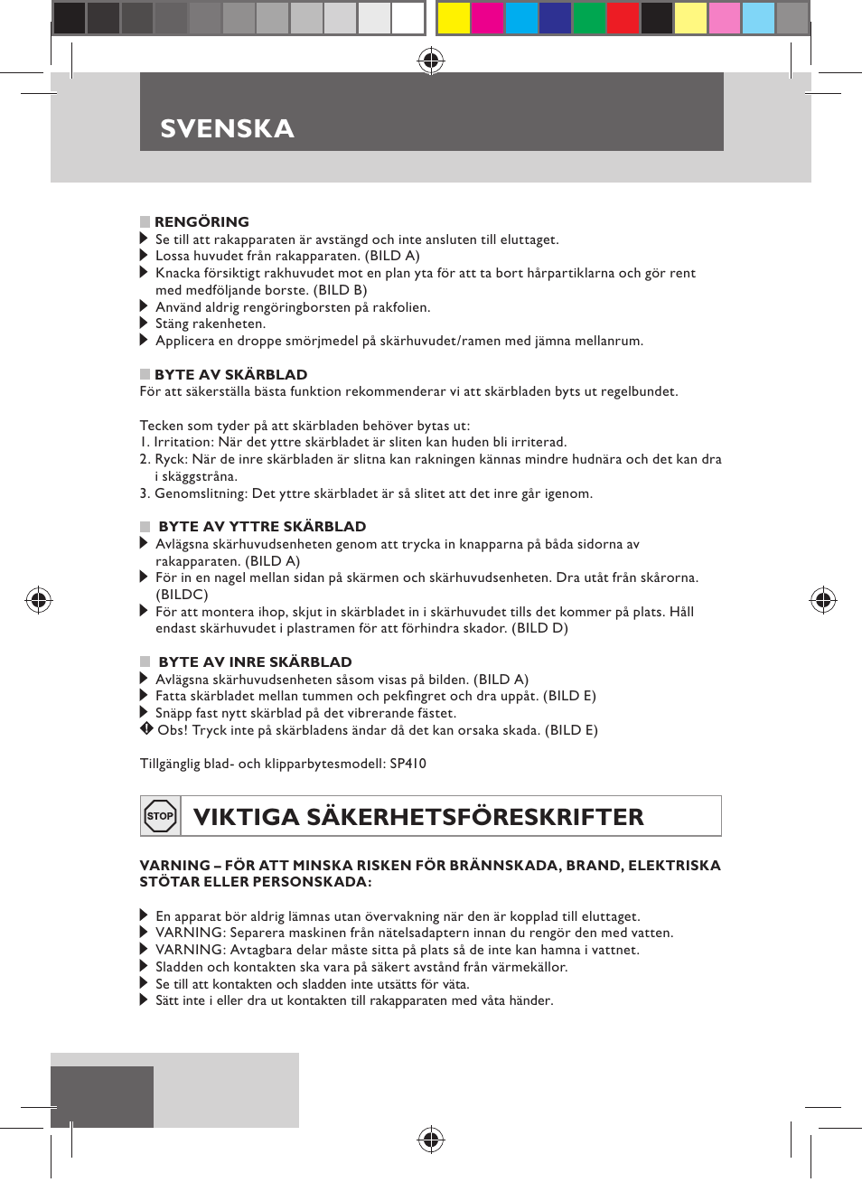 Svenska, Viktiga säkerhetsföreskrifter | Remington MB4110 User Manual | Page 48 / 129