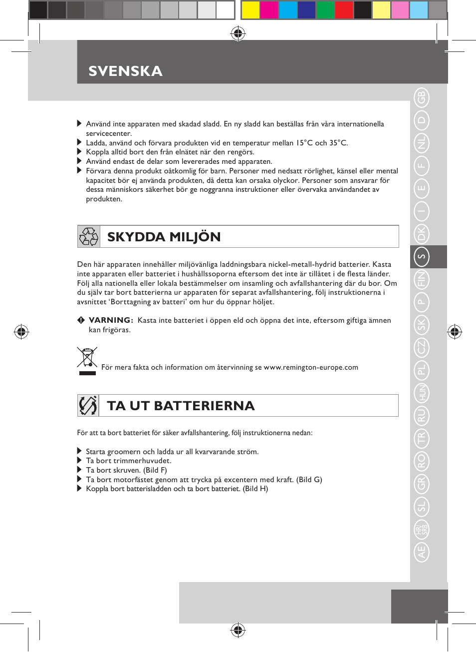 Svenska, Skydda miljön, Ta ut batterierna | Remington MB4110 User Manual | Page 49 / 129