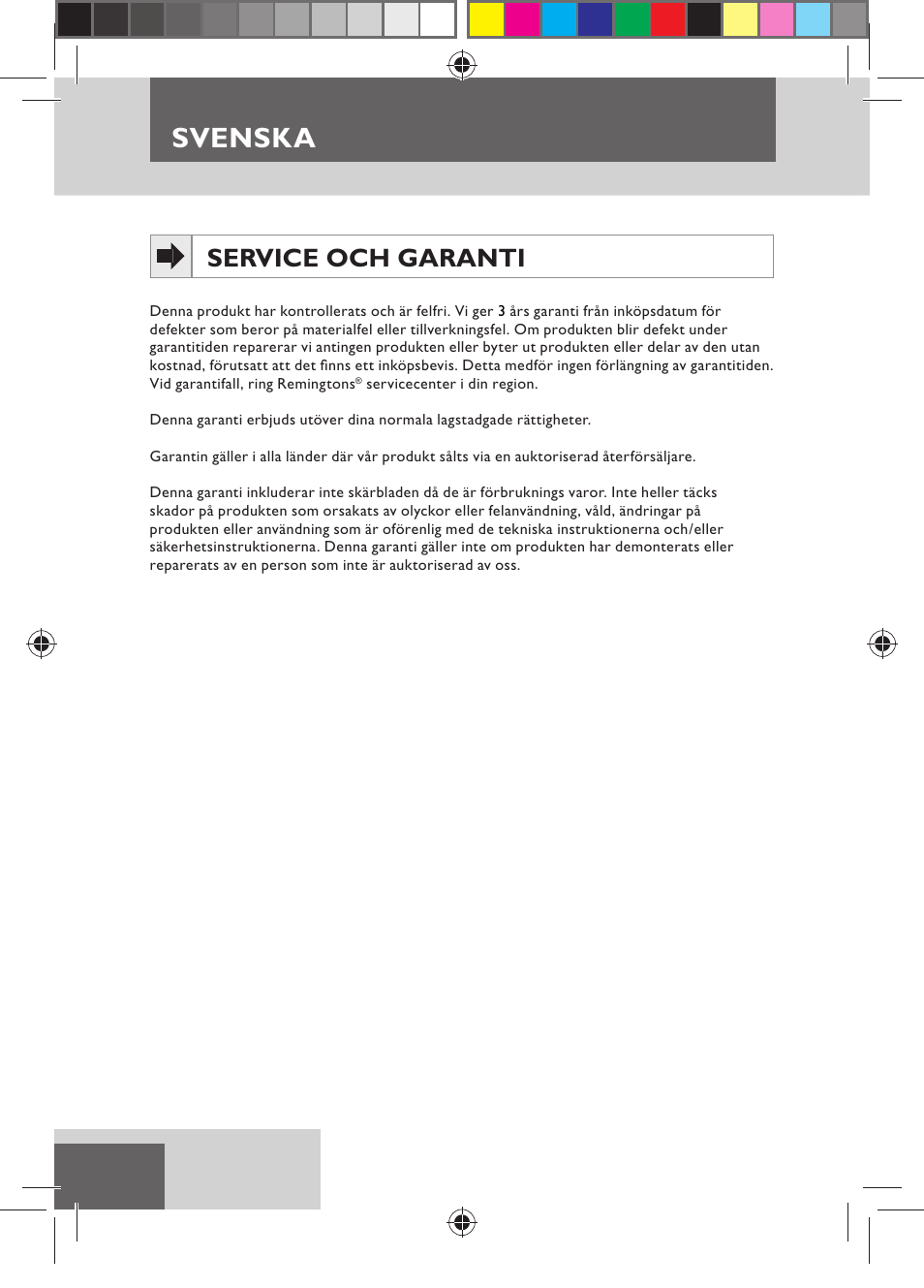 Svenska, Service och garanti | Remington MB4110 User Manual | Page 50 / 129