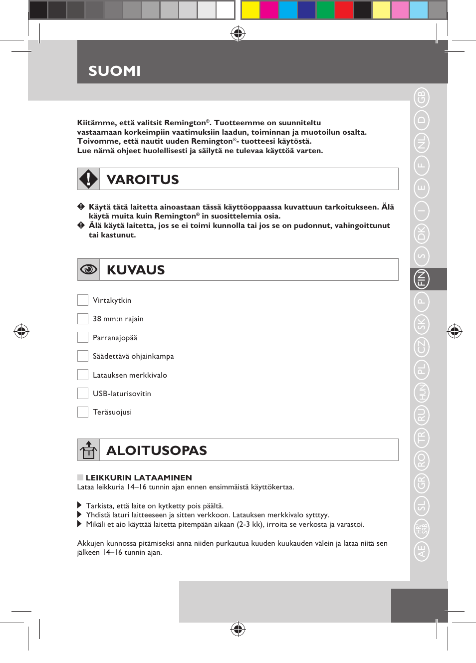 Suomi, Varoitus, Kuvaus | Aloitusopas | Remington MB4110 User Manual | Page 51 / 129