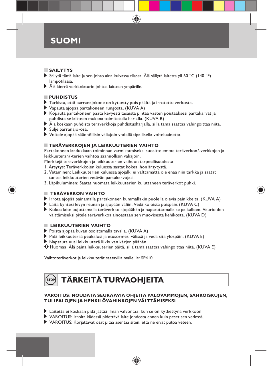 Suomi, Tärkeitä turvaohjeita | Remington MB4110 User Manual | Page 54 / 129