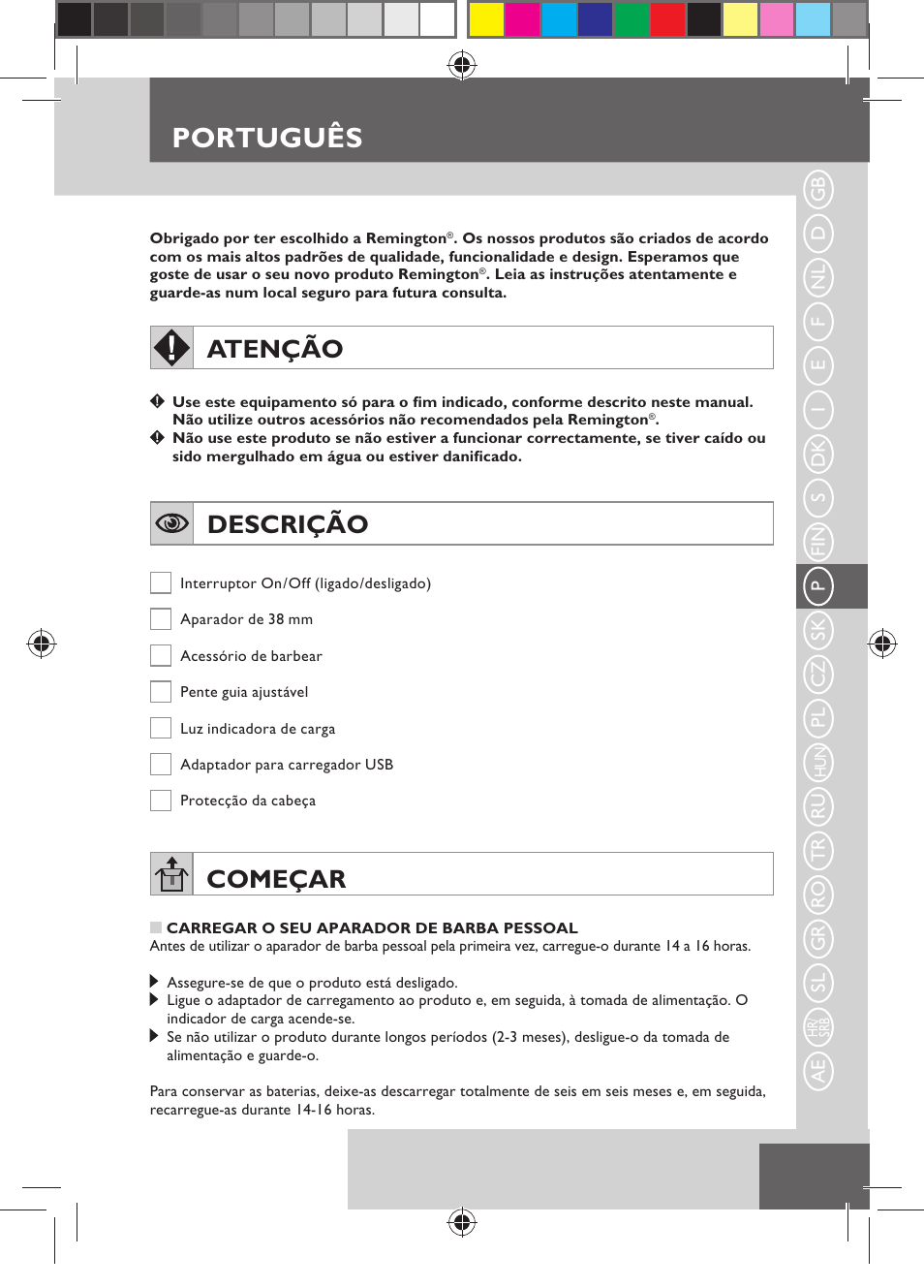 Português, Atenção, Descrição | Começar | Remington MB4110 User Manual | Page 57 / 129