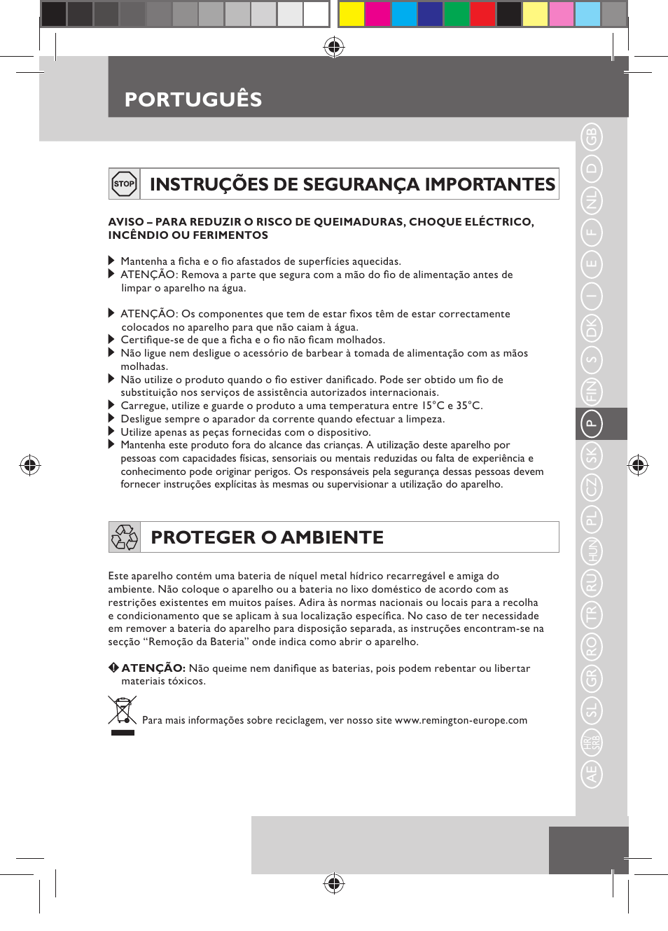 Português, Instruções de segurança importantes, Proteger o ambiente | Remington MB4110 User Manual | Page 61 / 129