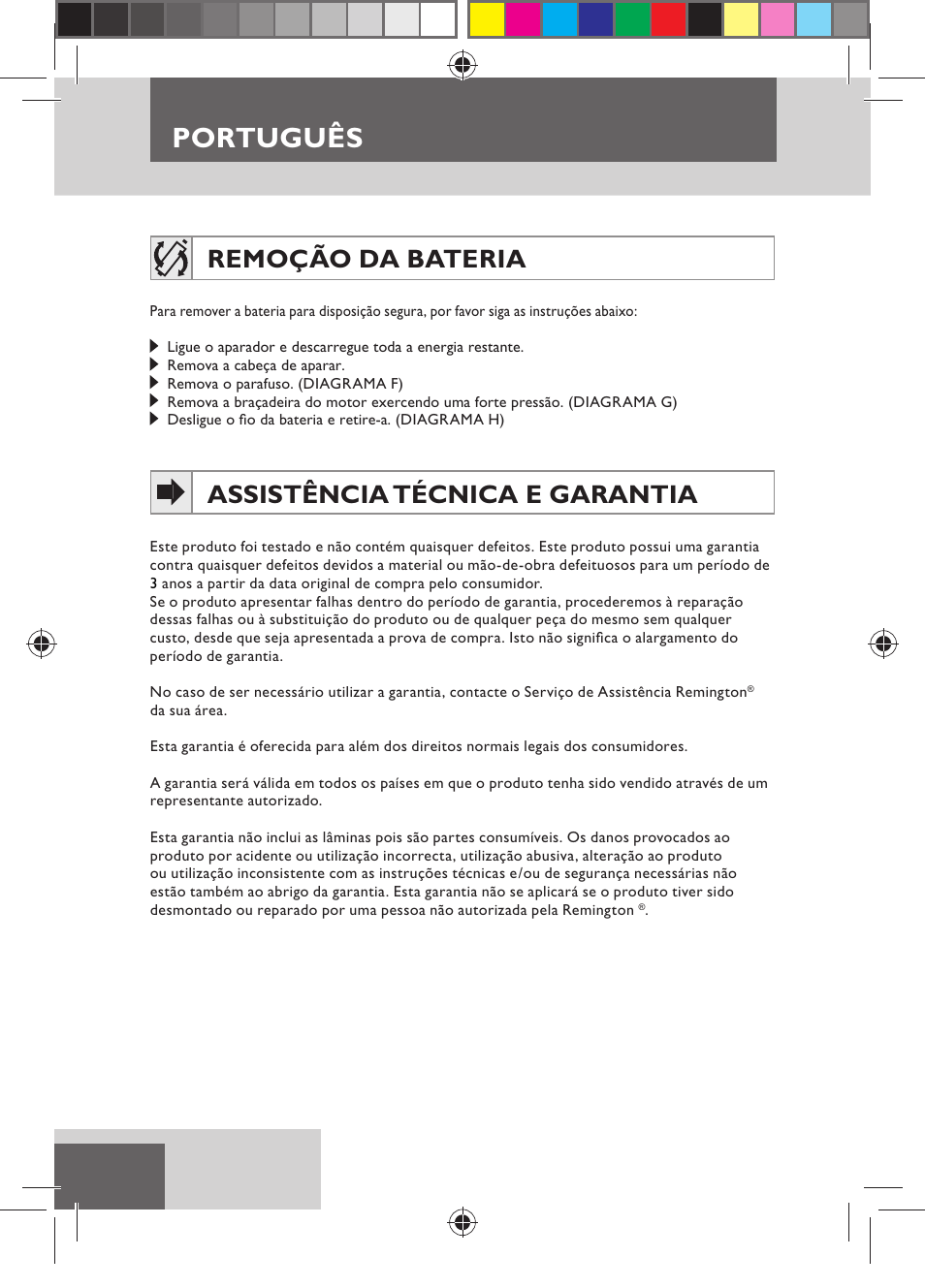 Português, Remoção da bateria, Assistência técnica e garantia | Remington MB4110 User Manual | Page 62 / 129