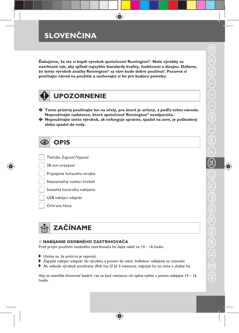 Slovenčina, Upozornenie, Opis | Začíname | Remington MB4110 User Manual | Page 63 / 129