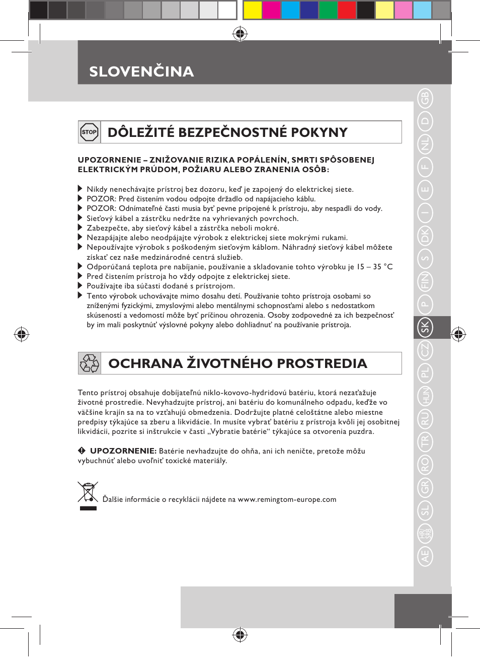 Slovenčina, Dôležité bezpečnostné pokyny, Ochrana životného prostredia | Remington MB4110 User Manual | Page 67 / 129