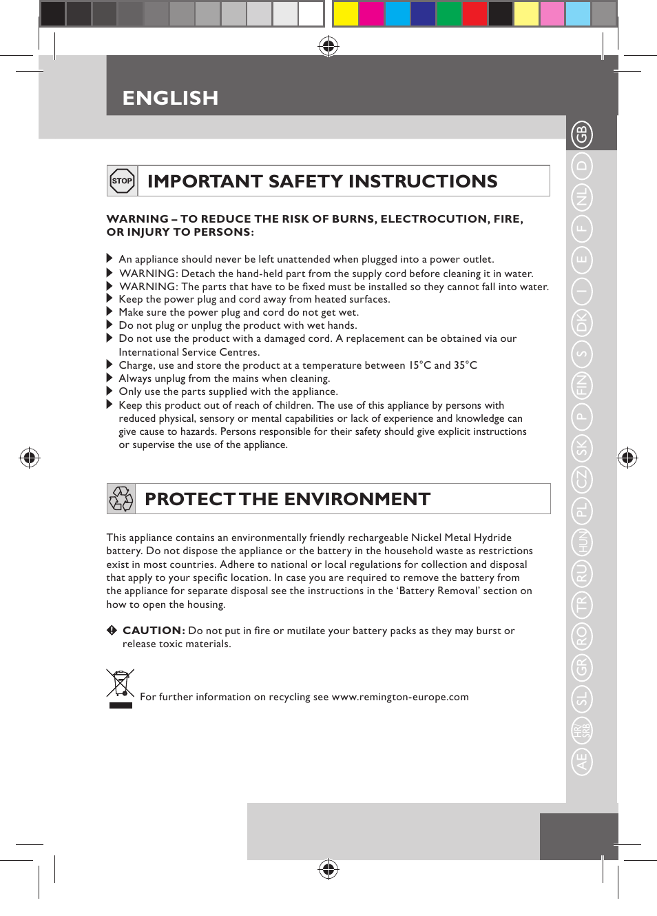 English, Important safety instructions, Protect the environment | Remington MB4110 User Manual | Page 7 / 129