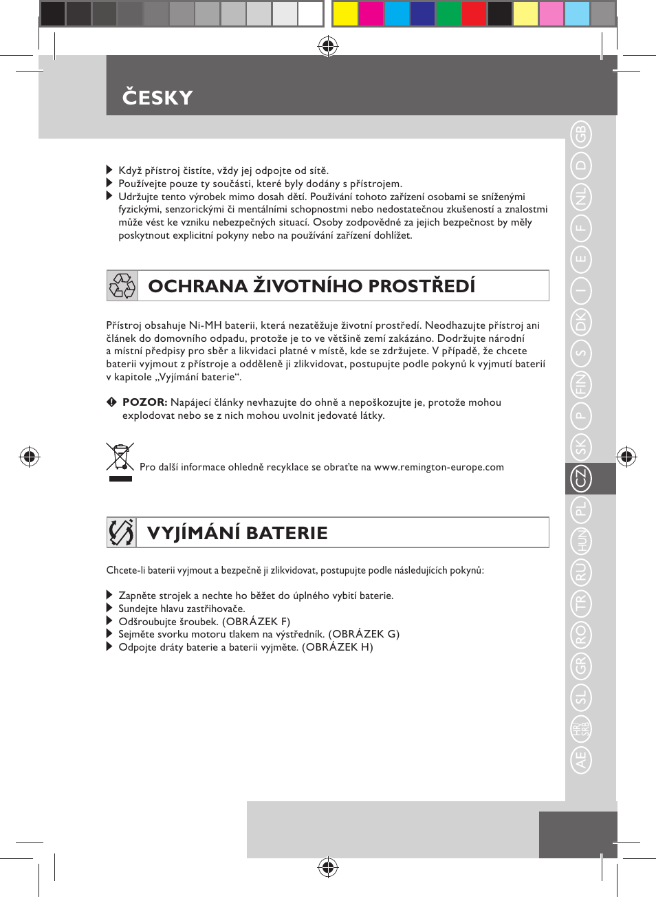 Česky, Ochrana životního prostředí, Vyjímání baterie | Remington MB4110 User Manual | Page 73 / 129