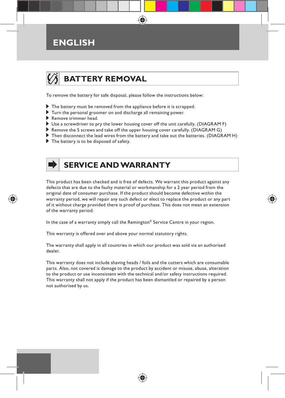 English, Battery removal, Service and warranty | Remington MB4110 User Manual | Page 8 / 129