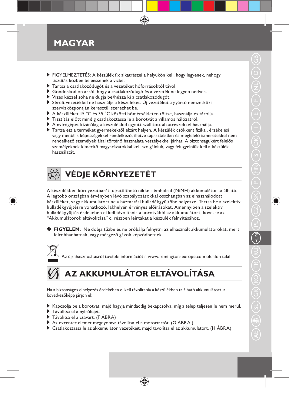 Magyar, Védje környezetét, Az akkumulátor eltávolítása | Remington MB4110 User Manual | Page 85 / 129