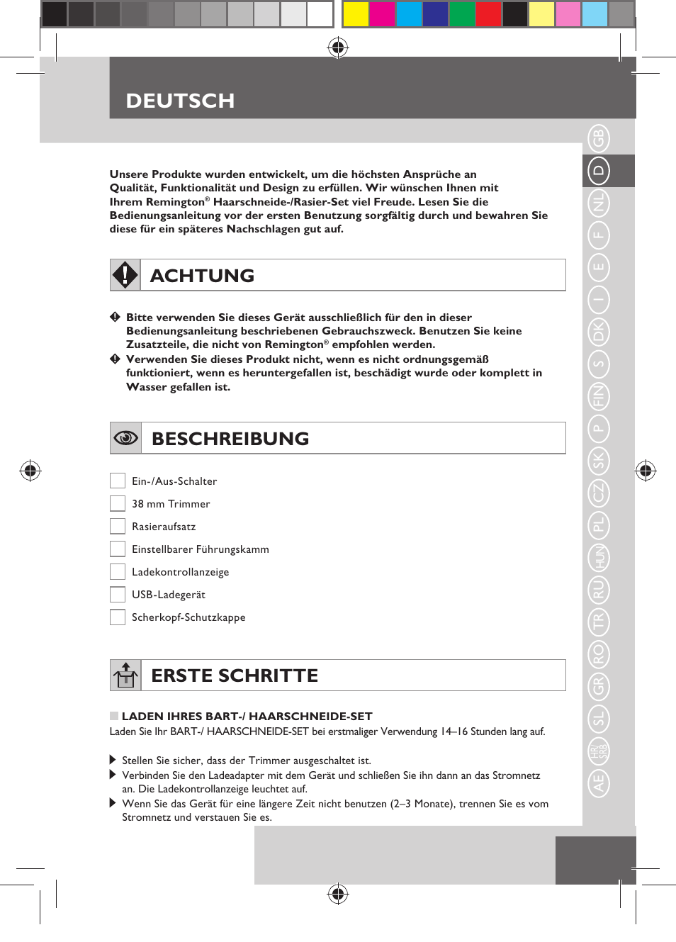 Deutsch, Achtung, Beschreibung | Erste schritte | Remington MB4110 User Manual | Page 9 / 129