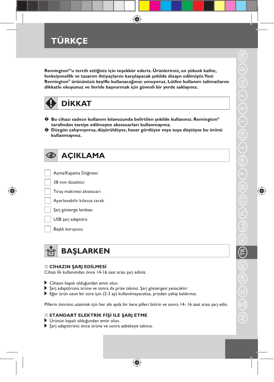 Türkçe, Dikkat, Açiklama | Başlarken | Remington MB4110 User Manual | Page 93 / 129