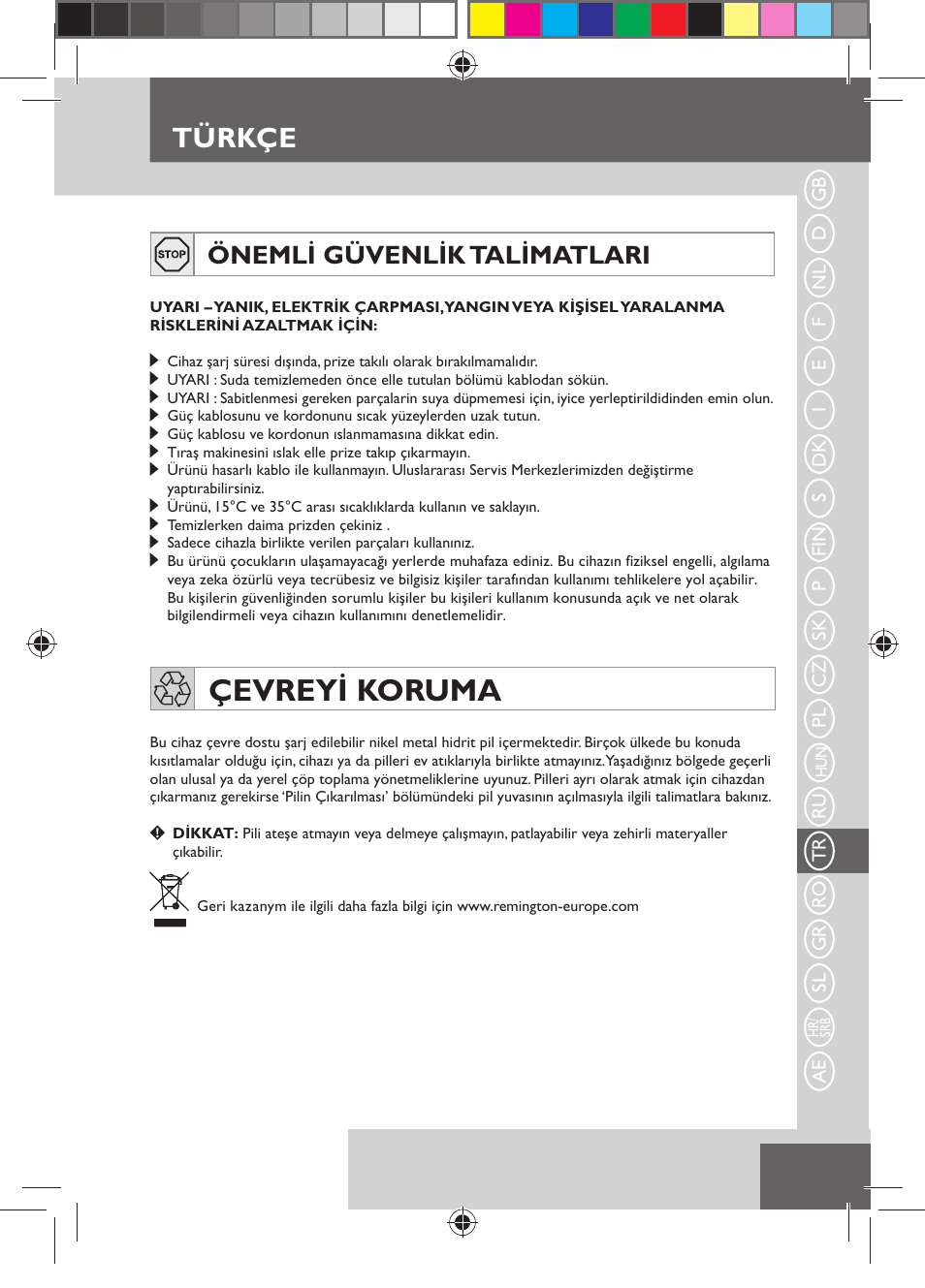 Çevreyi koruma, Türkçe, Önemli güvenlik talimatlari | Remington MB4110 User Manual | Page 97 / 129