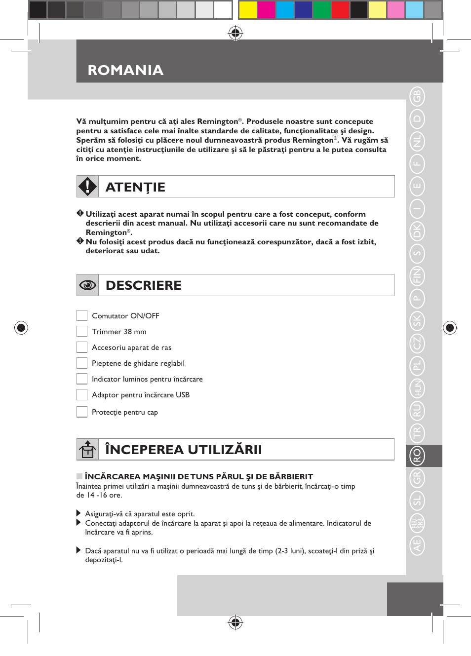 Romania, Atenţie, Descriere | Începerea utilizării | Remington MB4110 User Manual | Page 99 / 129