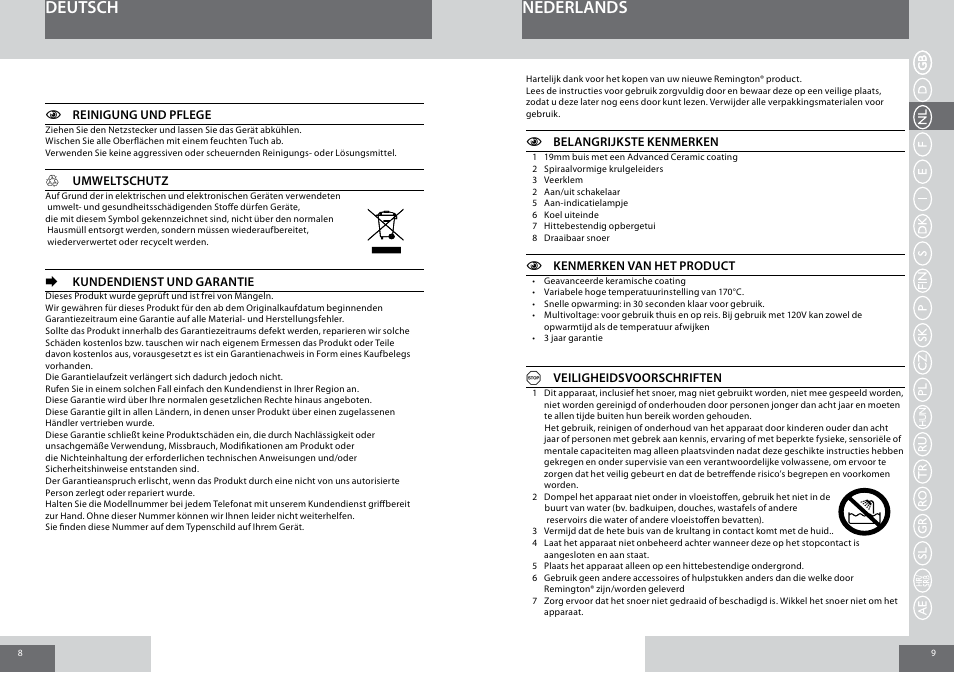Nederlands deutsch | Remington CI6219 User Manual | Page 5 / 36