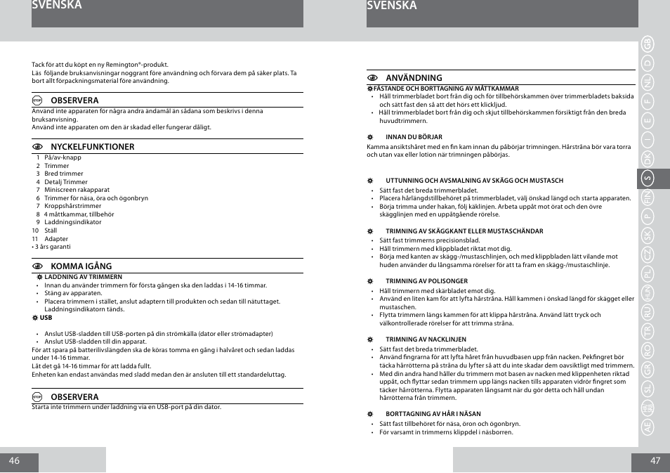 Svenska | Remington PG6050 User Manual | Page 24 / 70