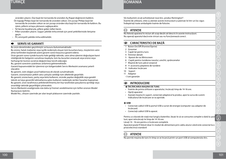 Türkçe, Romania | Remington PG6050 User Manual | Page 51 / 70