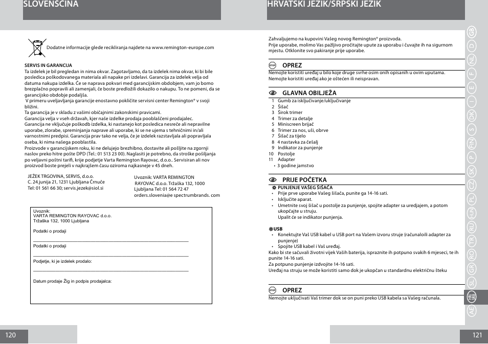 Slovenščina, Hrvatski jezik/srpski jezik | Remington PG6050 User Manual | Page 61 / 70