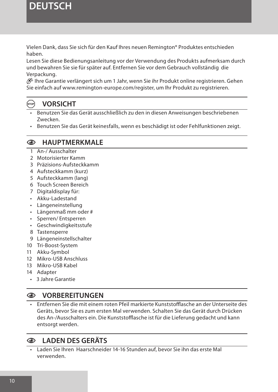 Deutsch, Avorsicht, Chauptmerkmale | Cvorbereitungen, Claden des geräts | Remington HC5950 User Manual | Page 10 / 158