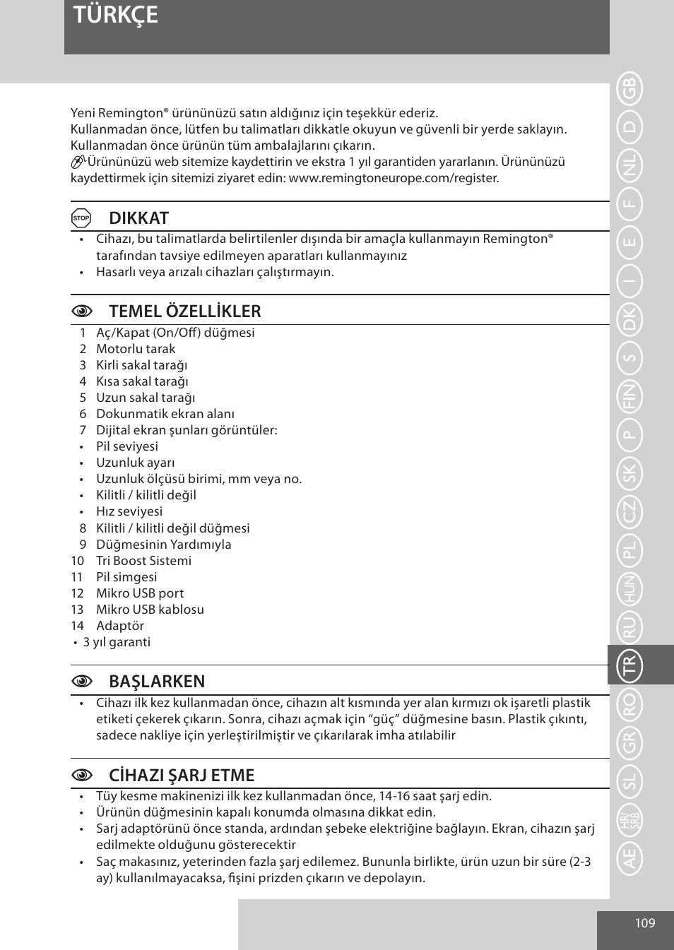 Türkçe, Adikkat, Ctemel özellikler | Cbaşlarken, Ccihazi şarj etme | Remington HC5950 User Manual | Page 109 / 158