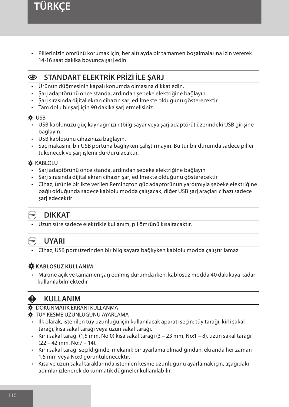 Türkçe, Cstandart elektrik prizi ile şarj, Adikkat | Auyari, Fkullanim | Remington HC5950 User Manual | Page 110 / 158