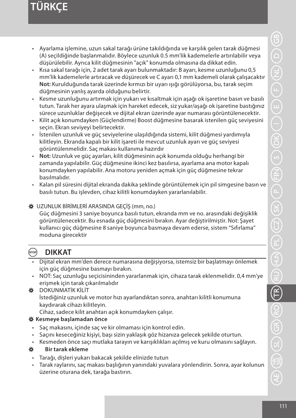 Türkçe, Adikkat | Remington HC5950 User Manual | Page 111 / 158