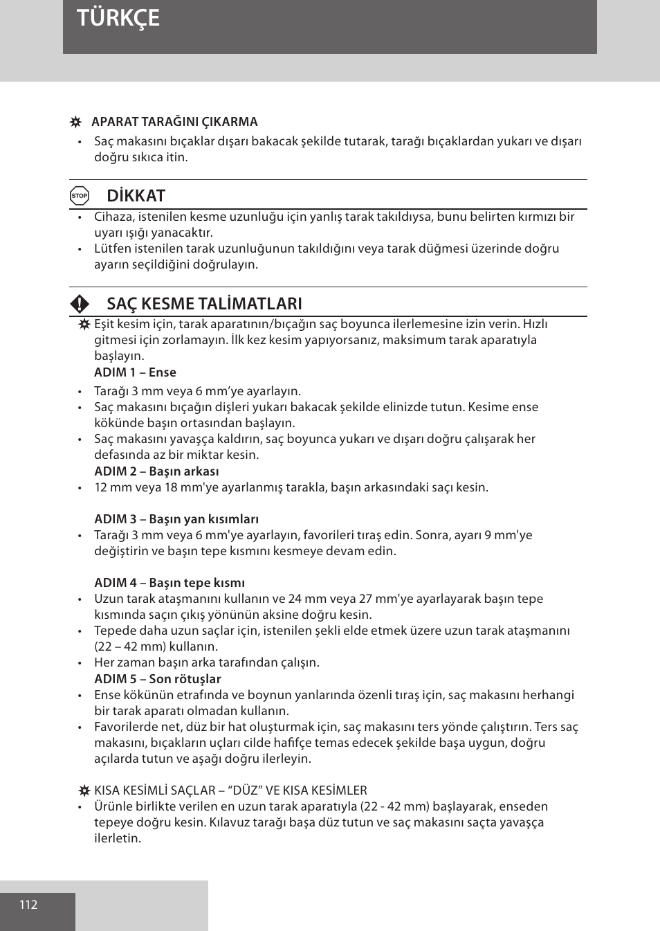 Türkçe, Adikkat, Fsaç kesme talimatlari | Remington HC5950 User Manual | Page 112 / 158