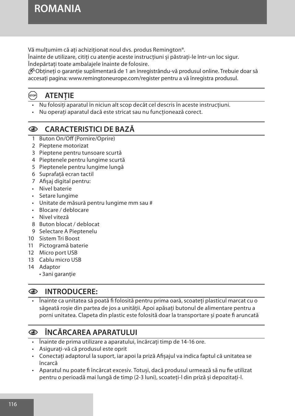 Romania, Aatenţie, Ccaracteristici de bază | Cintroducere, Cîncărcarea aparatului | Remington HC5950 User Manual | Page 116 / 158