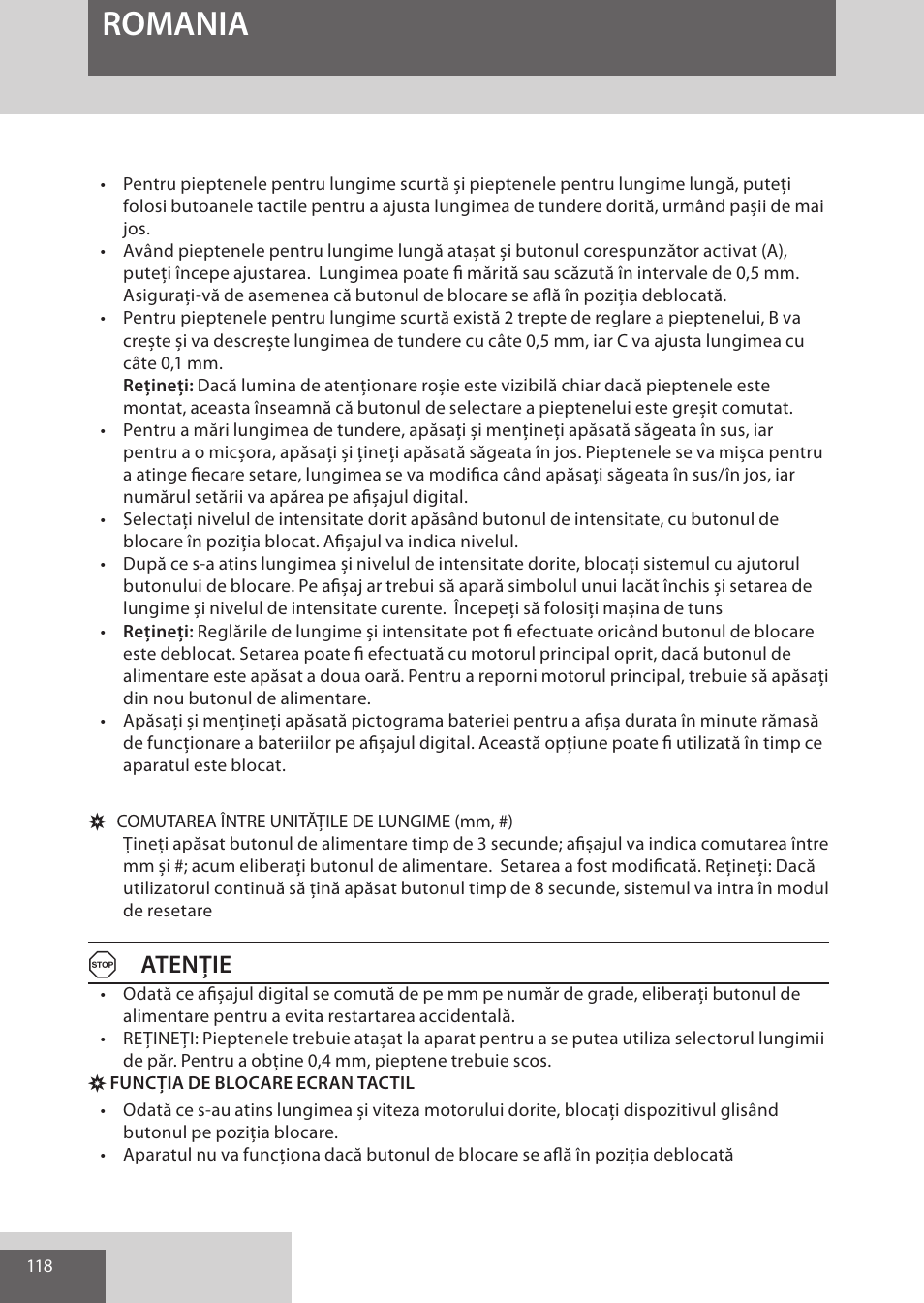 Romania, Aatenţie | Remington HC5950 User Manual | Page 118 / 158