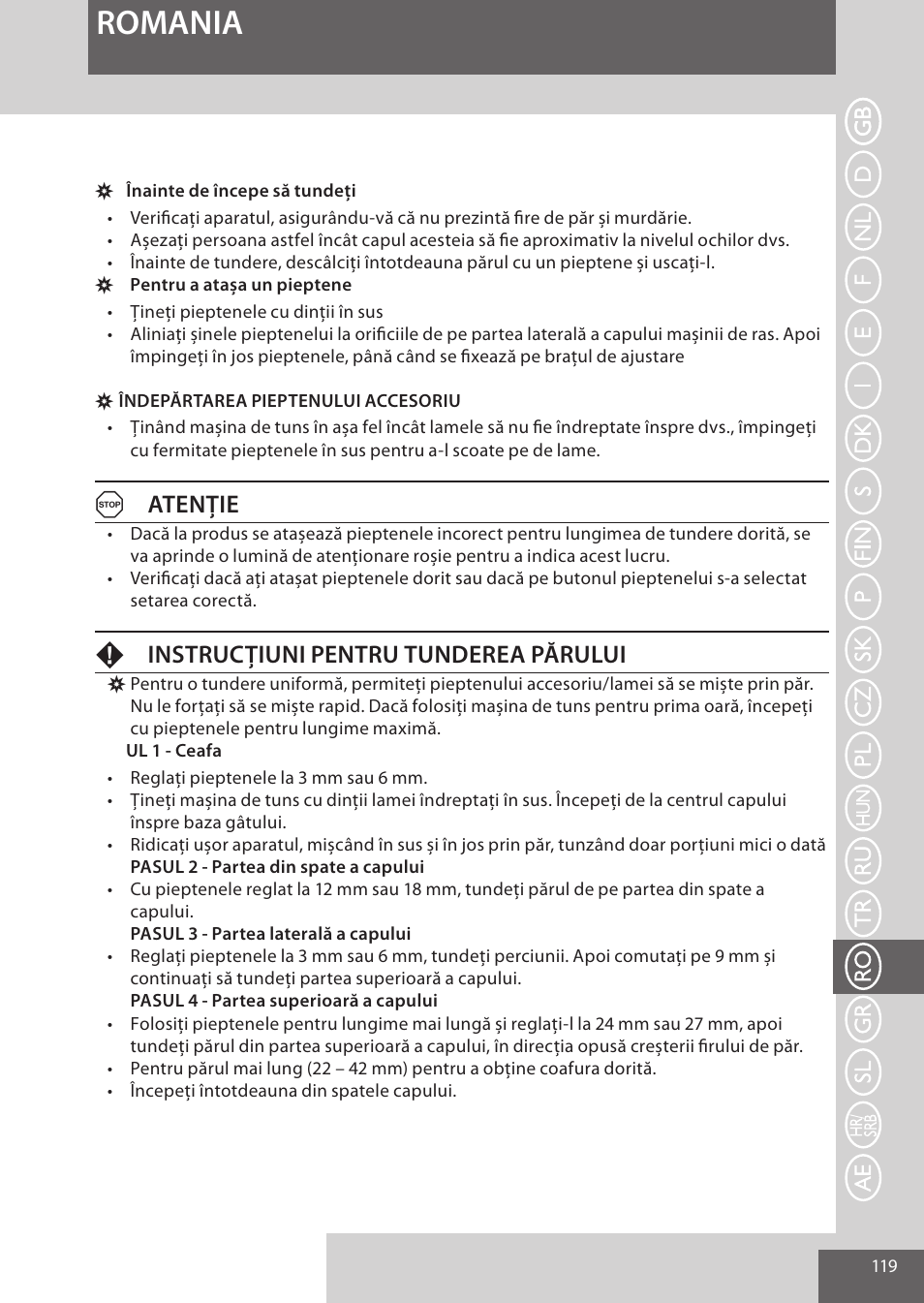 Romania, Aatenţie, Finstrucțiuni pentru tunderea părului | Remington HC5950 User Manual | Page 119 / 158