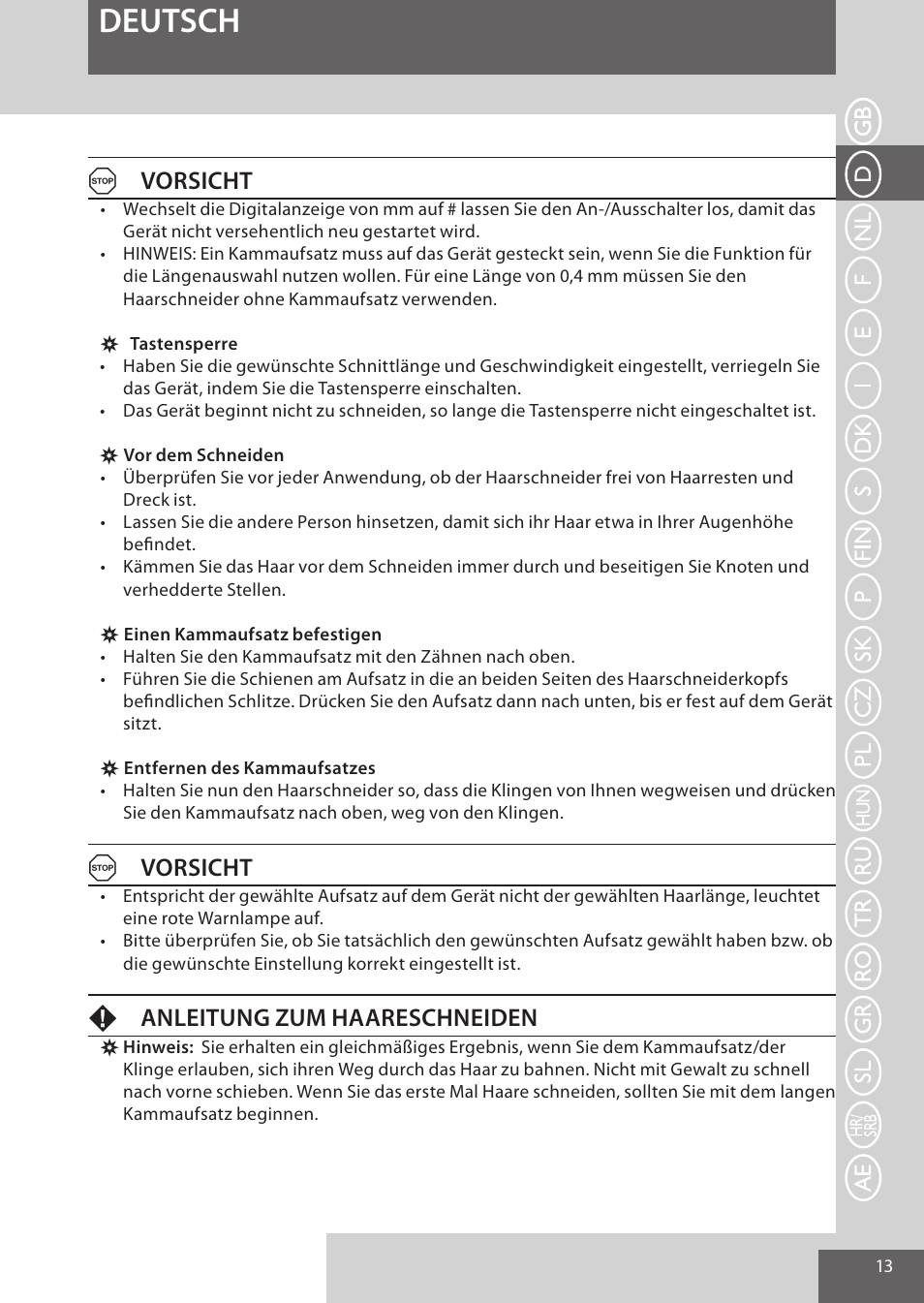 Deutsch, Avorsicht, Fanleitung zum haareschneiden | Remington HC5950 User Manual | Page 13 / 158