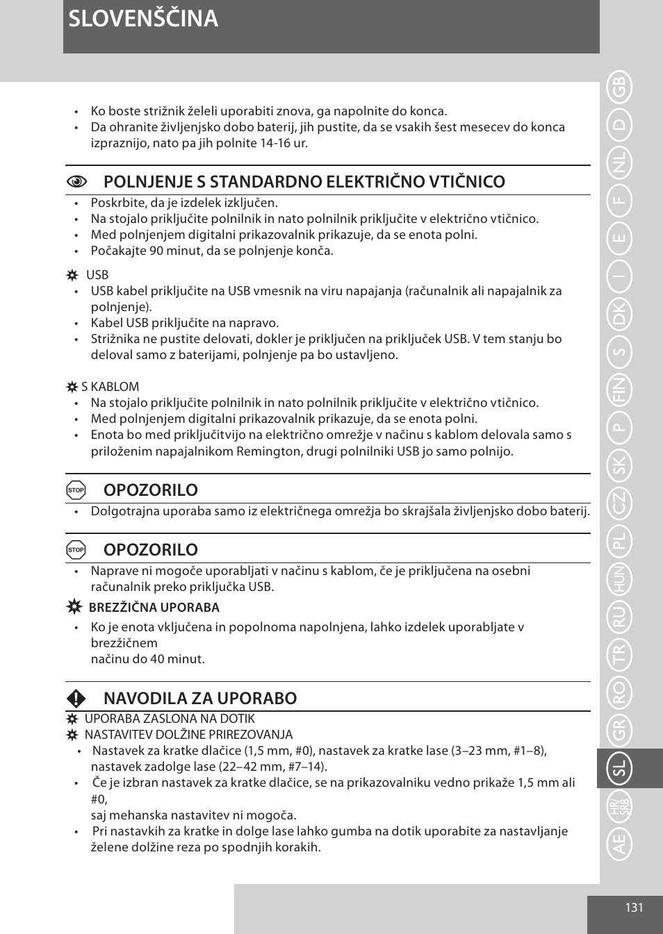 Slovenščina, Cpolnjenje s standardno električno vtičnico, Aopozorilo | Fnavodila za uporabo | Remington HC5950 User Manual | Page 131 / 158