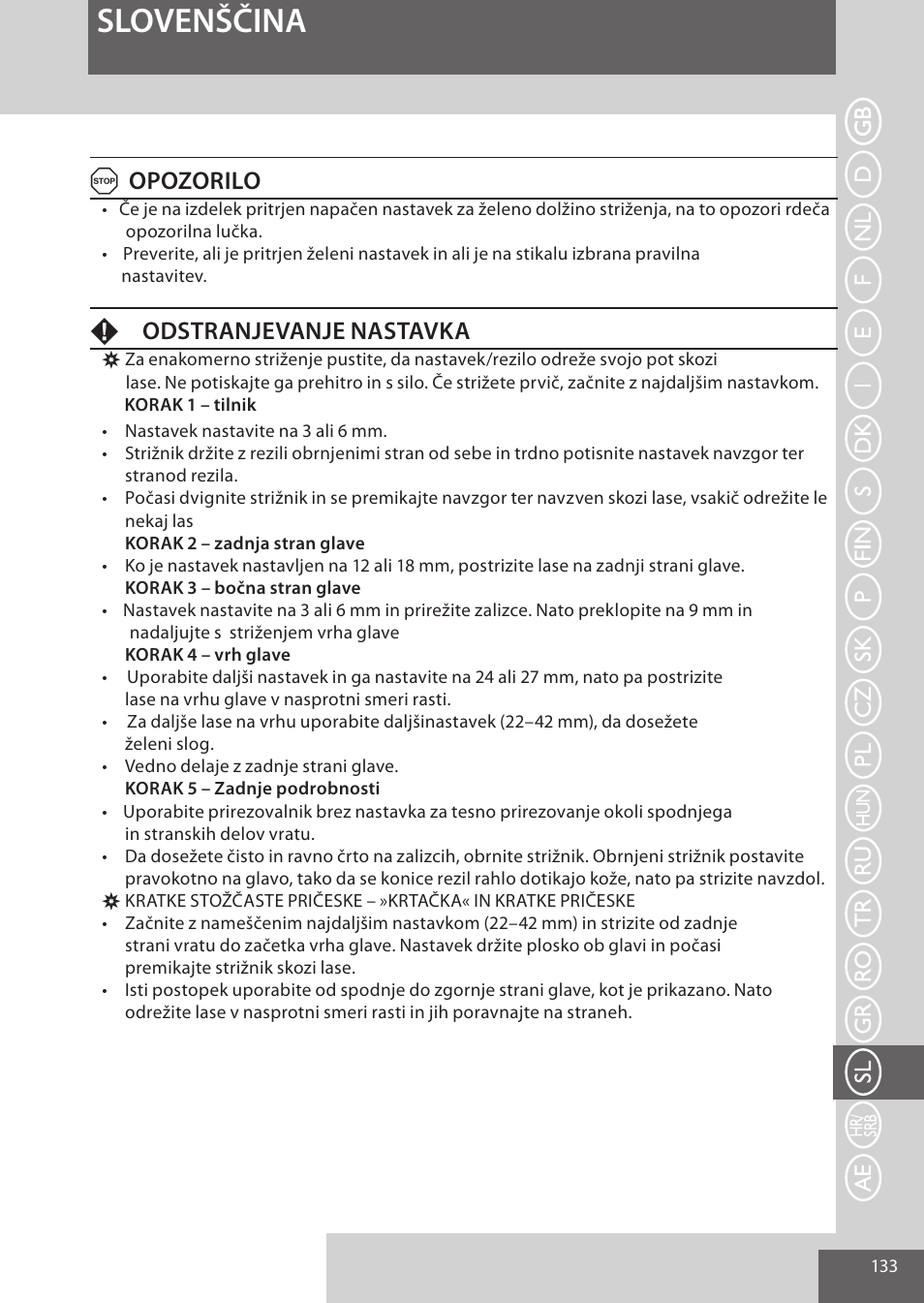 Slovenščina, Aopozorilo, Fodstranjevanje nastavka | Remington HC5950 User Manual | Page 133 / 158