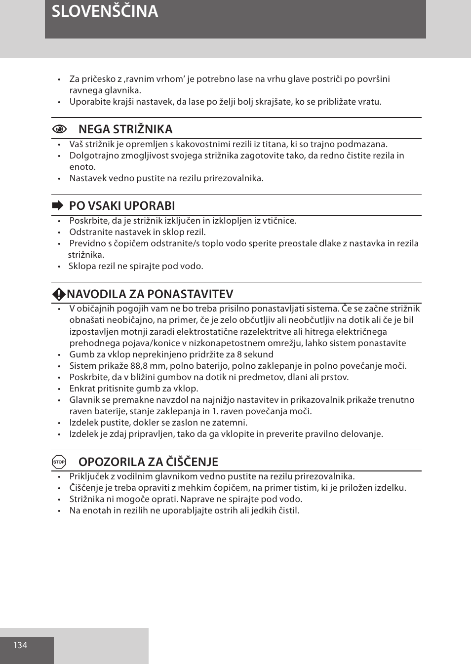 Slovenščina, Cnega strižnika, Epo vsaki uporabi | Fnavodila za ponastavitev, Aopozorila za čiščenje | Remington HC5950 User Manual | Page 134 / 158