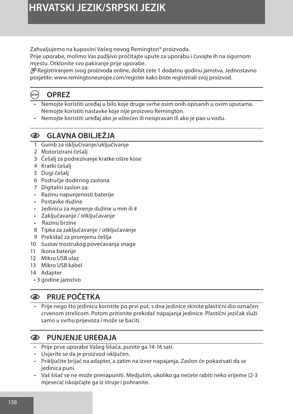 Hrvatski jezik/srpski jezik, Aoprez, Cglavna obilježja | Cprije početka, Cpunjenje uređaja | Remington HC5950 User Manual | Page 138 / 158